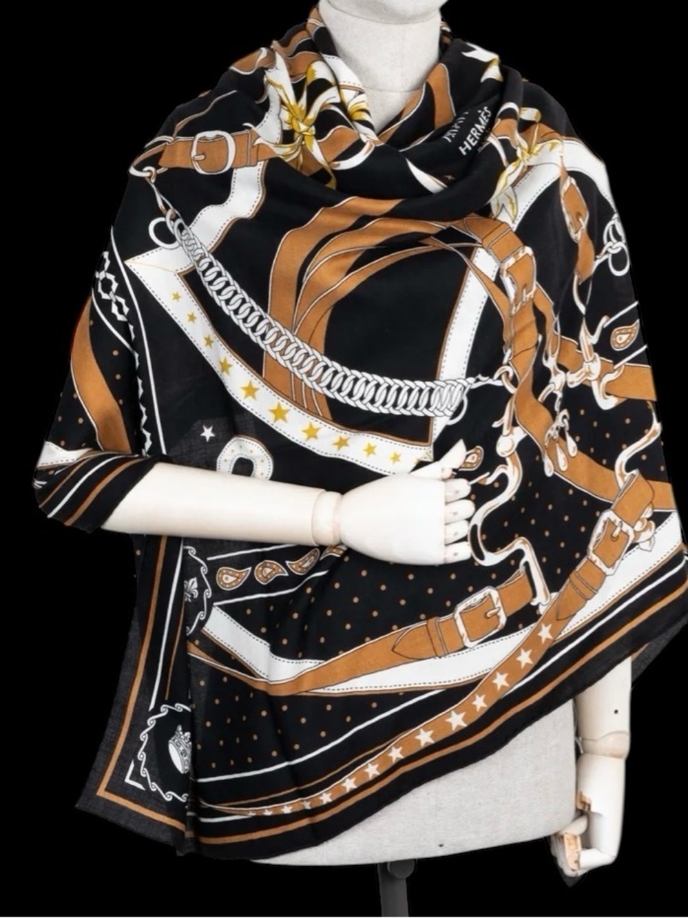 Elegant Italian Black & Brown Patterned Women's wool silk Scarf